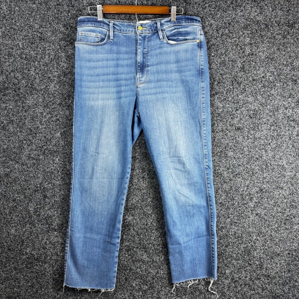 FRAME Le Sylvie Slender Straight Jeans Bonhill Blue Raw Hem Size 32 LSYCRA865